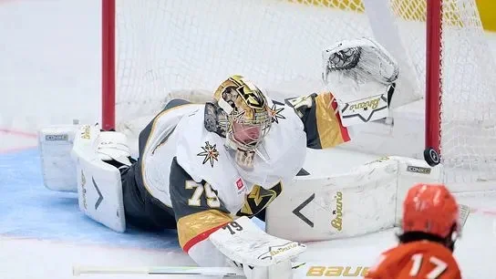 The Vegas Golden Knights Carter Hart #79 blocks a goal attempt during an NHL playoffs game against The Anaheim Ducks on May 10th, 2026 at Honda Center in Anaheim, California.